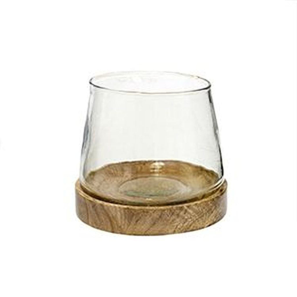 Indaba farmhouse lantern with wood base and blown glass on a white background