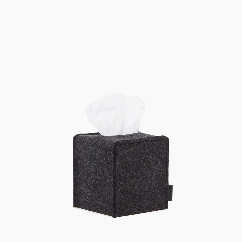 Graf Lantz felt tissue box cover in dark grey charcoal on a white background