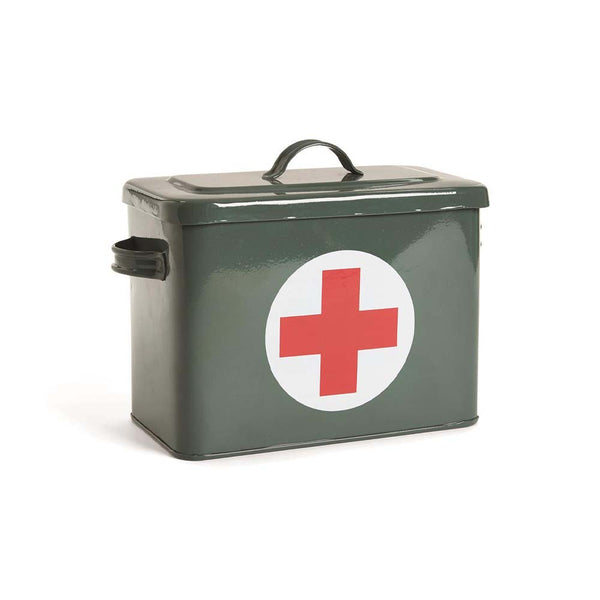 Green metal first aid box with white circle and Red Cross on front 