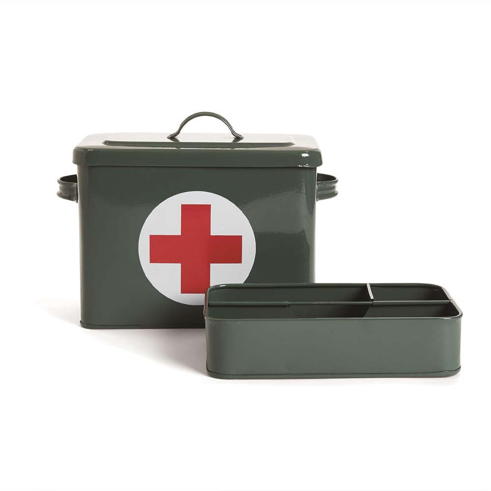 Green metal first aid box with white circle and Red Cross on front  showing separate tray 