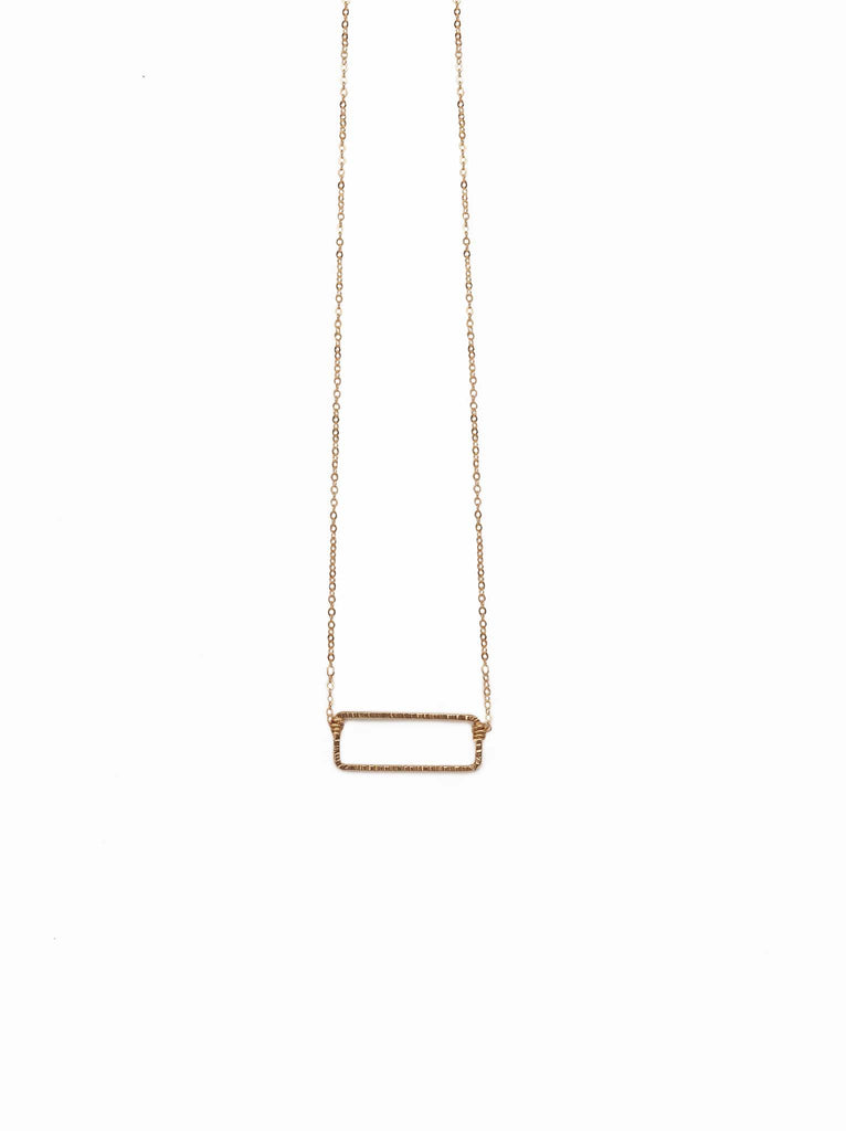 14k gold fill rectangular necklace on a white background