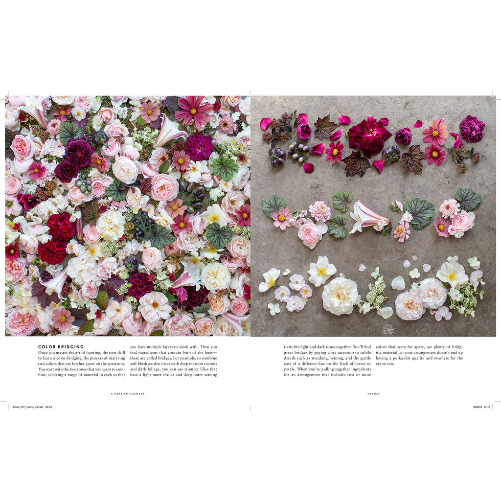 Inside pages of book Floret's Farm a Year in Flowers with red, pink and white flowers laid out on a dark concrete floor