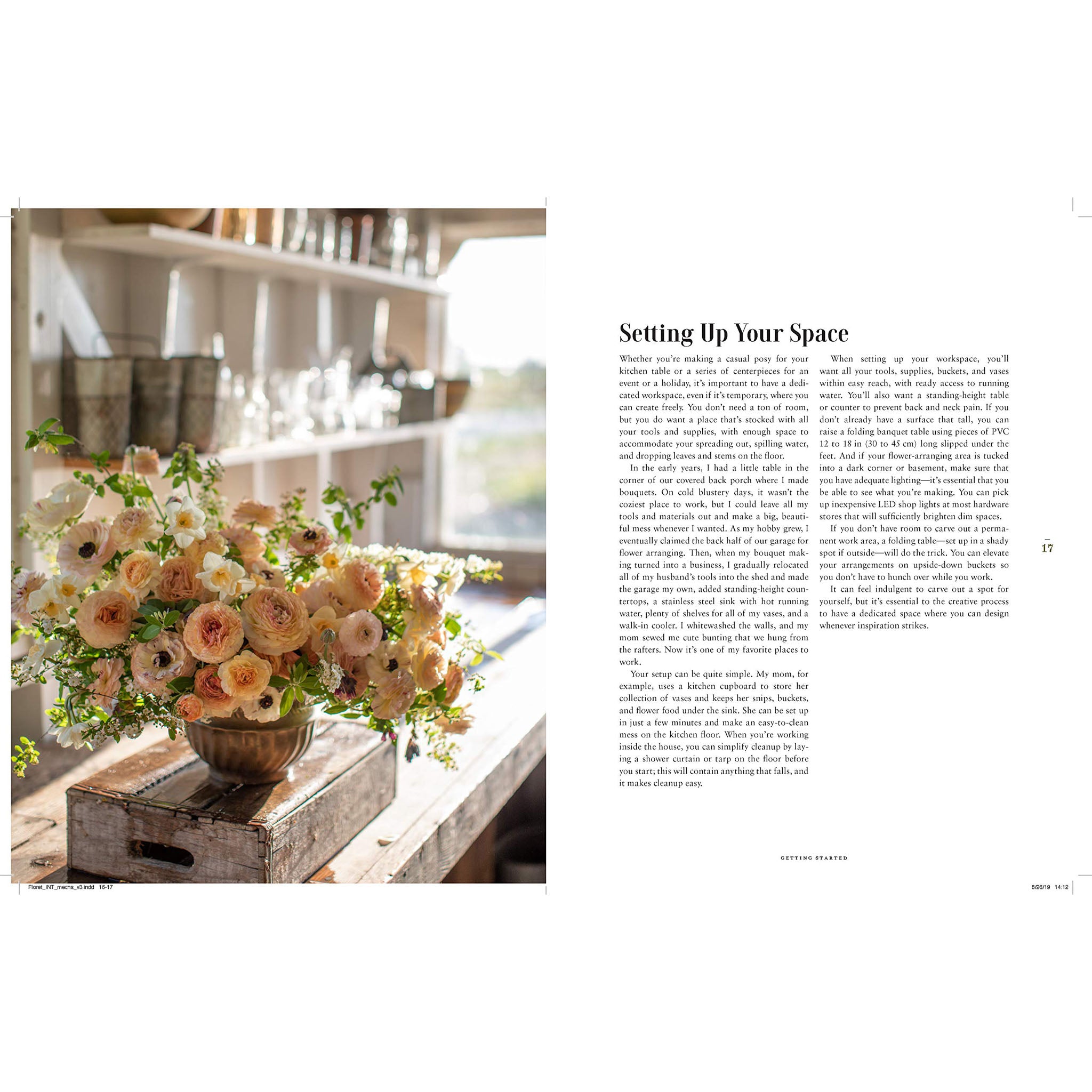 Inside pages of book Floret's Farm a Year in Flowers with  room with potting tools and large bouquet of pink flowers on a rough wood bench