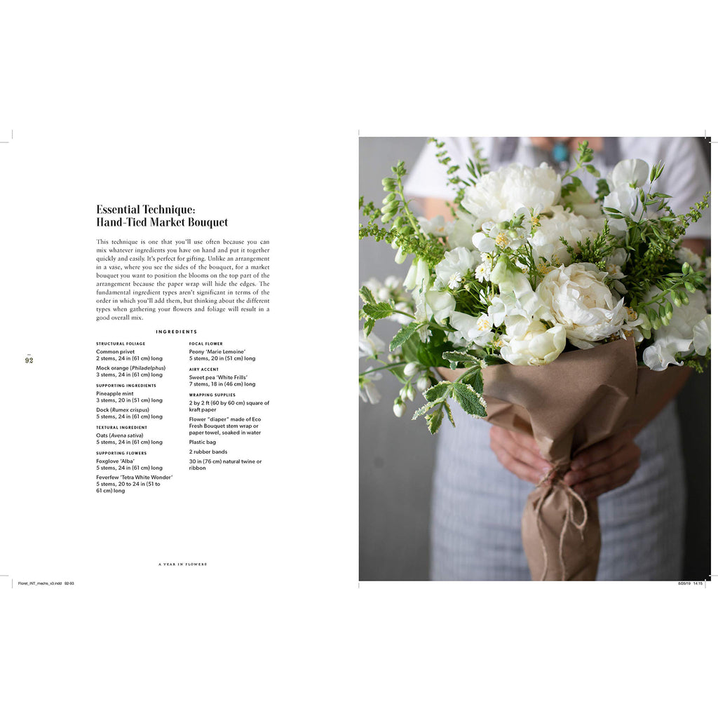 Inside pages of book Floret's Farm a Year in Flowers with woman holding large white bouquet of flowers in brown paper wrapped with twine 