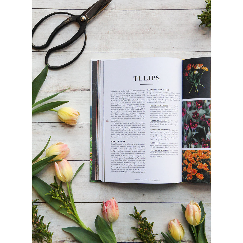 nside pages of book titled 'cut flower garden' with pages on tulips