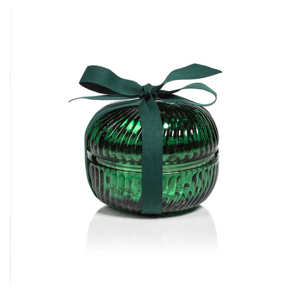 Zodax Siberian fir green ornament candle on a white background