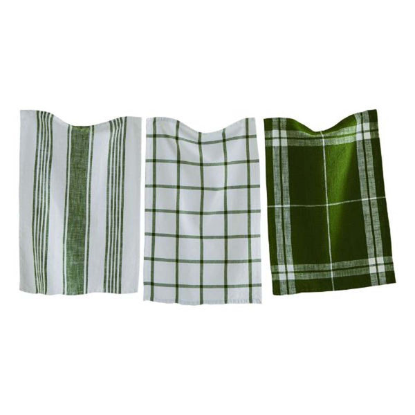 Set of three Green Kitchen Towels in plaid and check and stripe  on a clothes line in front of a white background