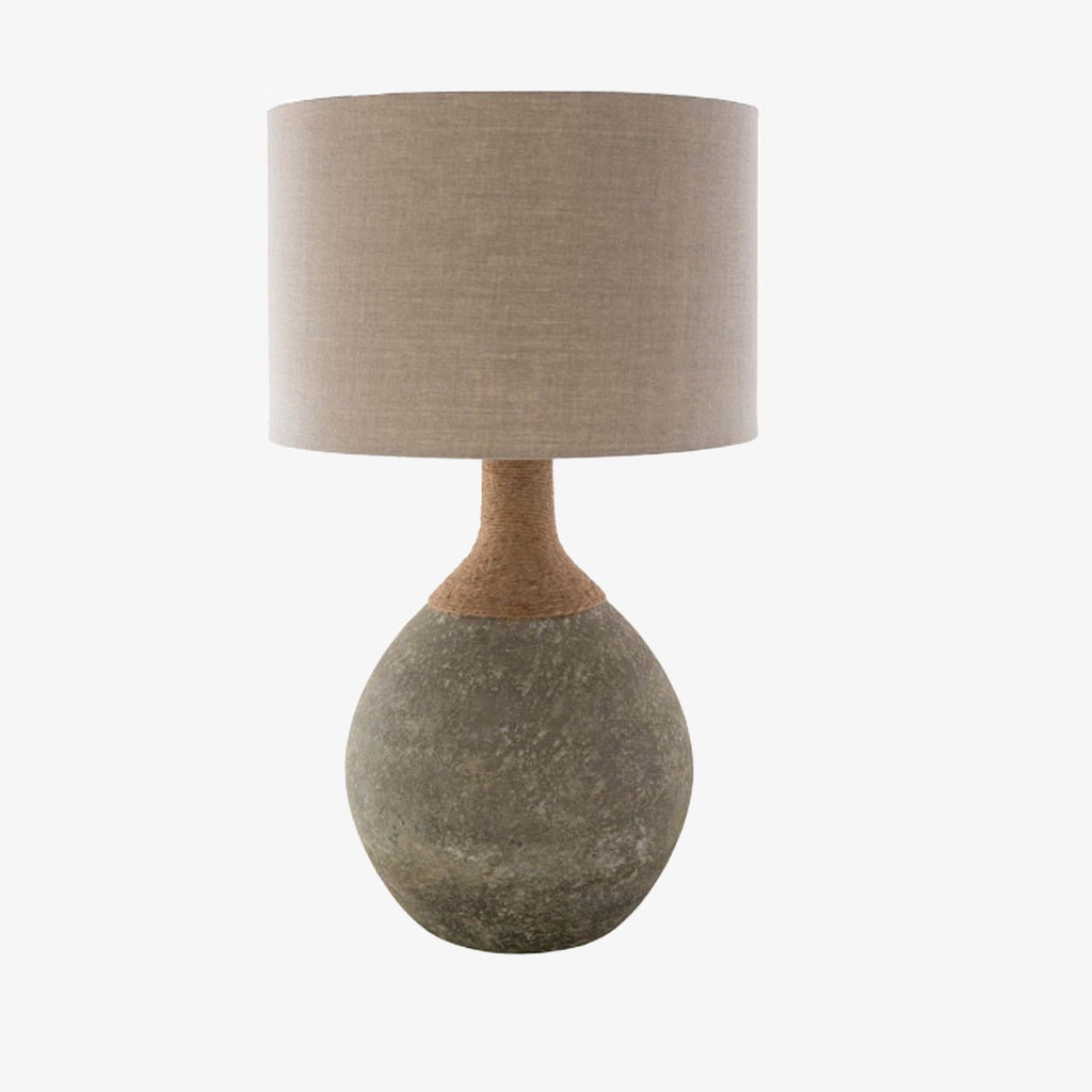 Glacia table lamp of tan and sage glass finish table lamp with jute details and khaki linen shade on a white background