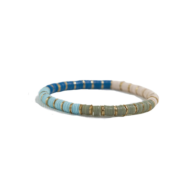 Ink and Alloy brand 'Grace' beaded stretch bracelet with blues and green on a white background