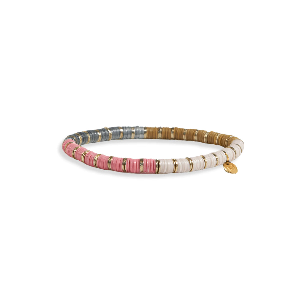 Ink and Alloy brand 'Grace' stretch bracelet in grey and pink with gold accents on a white background