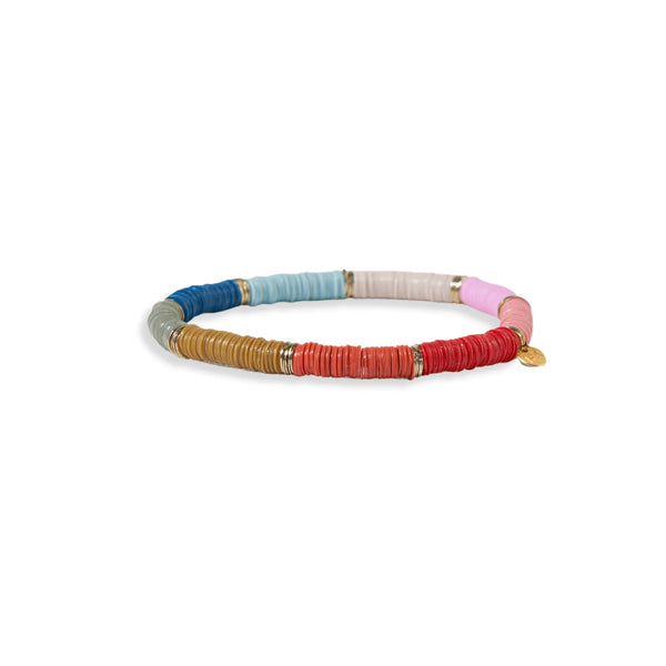 Ink and Alloy brand 'Grace' stretch bracelet in multicolor and gold on a white background