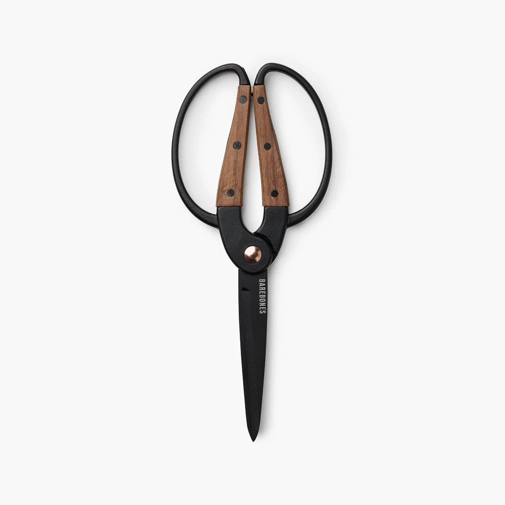 Barebones brand garden shears with ambidextrous black and wood handle on a white background