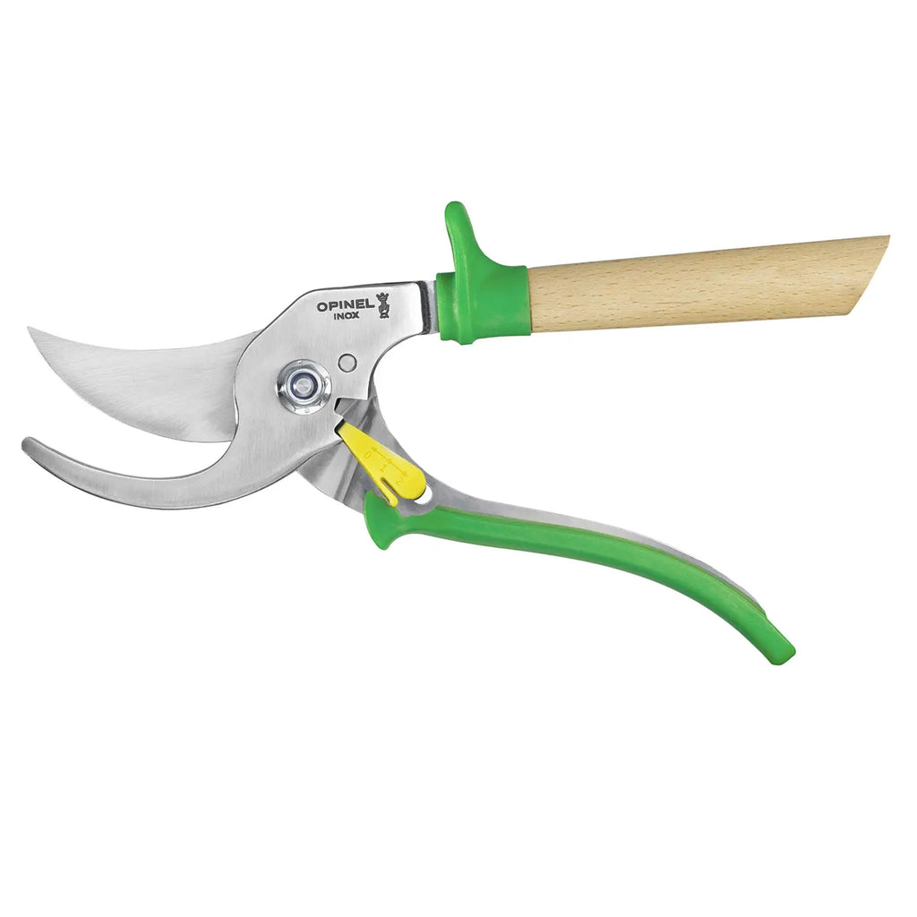 Opinel hand pruner gardening shears with green handle on a white background