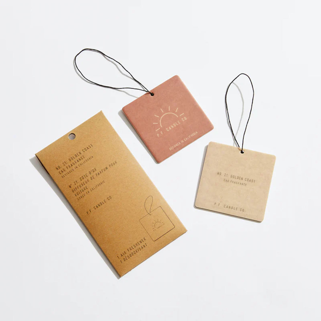 PF Candle Gold Coast Car Fragrance hanging tags on a white background