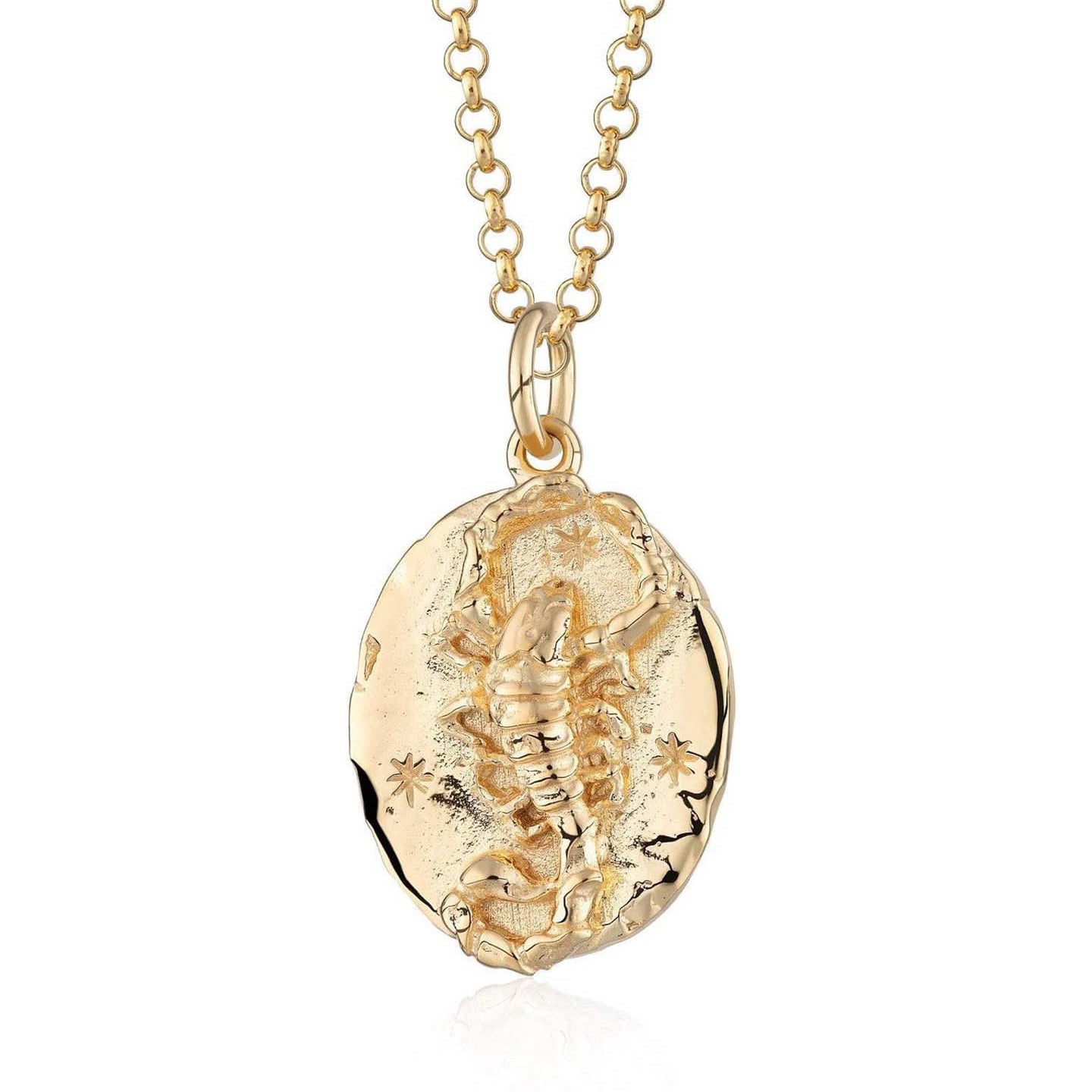 Scream Pretty brand gold Scorpio zodiac star sign necklace on a white background