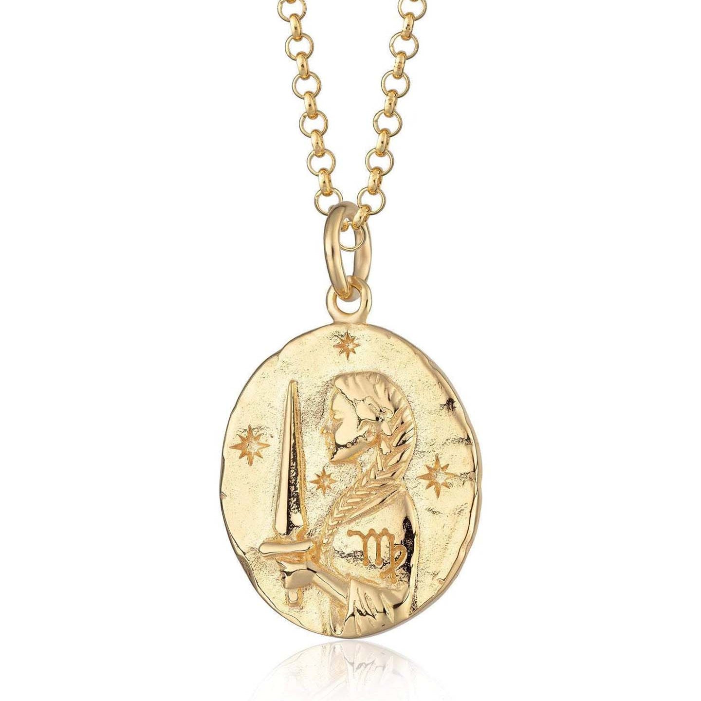 Scream Pretty brand gold Virgo zodiac star sign necklace on a white background