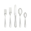 Stainless steel place setting with two forks a knife and two spoons with rounded handles on a white backgdround