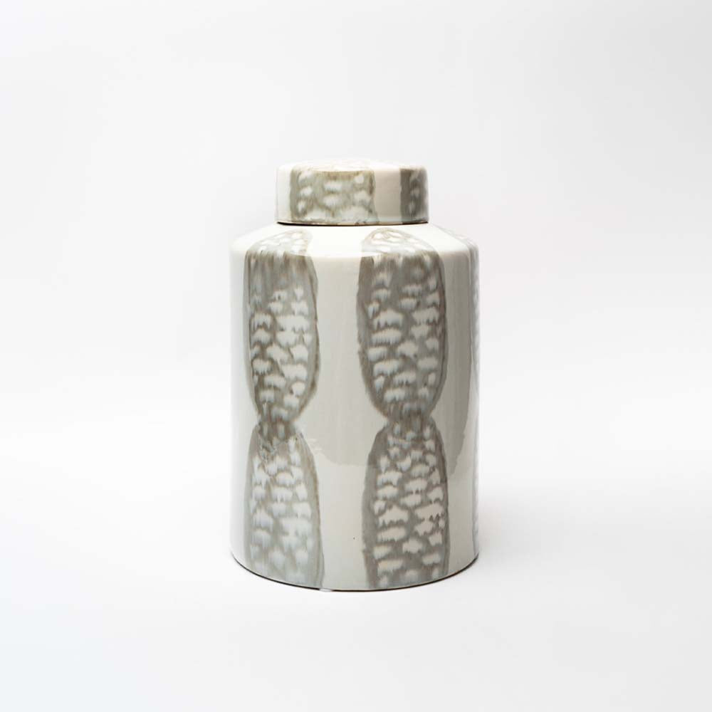 Large grey and white reactive glaze stoneware ginger jars by bloomingville on a white background