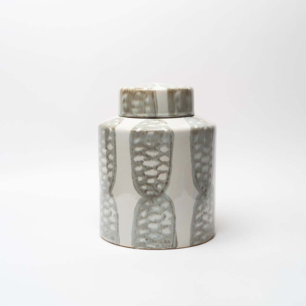 Medium grey and white reactive glaze stoneware ginger jars by bloomingville on a white background