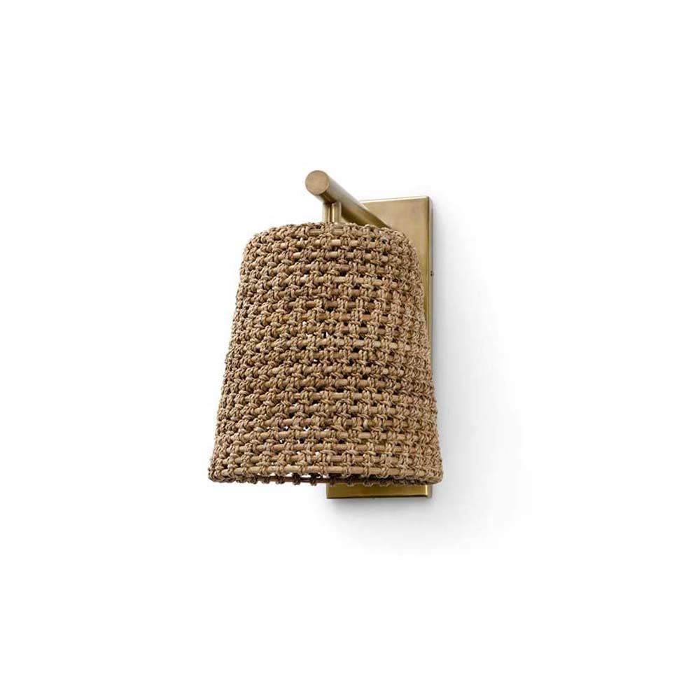 Palecek Green Oaks Sconce with natural rattan and antique brass finish on a white background
