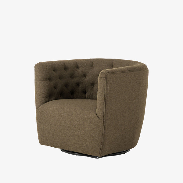 Barrel style 'Hanover' swivel chair upholstered in olive performance fabric by Four Hands furniture on a white background 