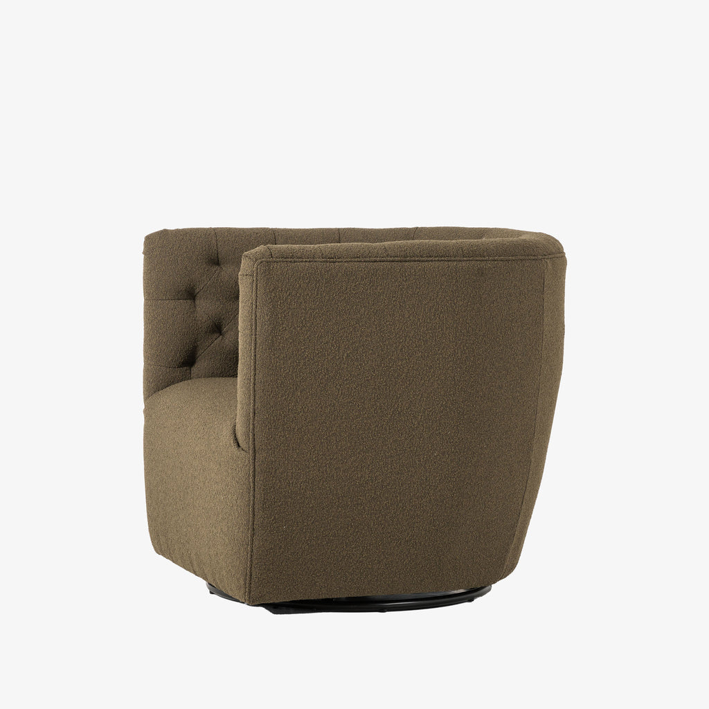Barrel style 'Hanover' swivel chair upholstered in olive performance fabric by Four Hands furniture on a white background 