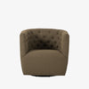 Barrel style 'Hanover' swivel chair upholstered in olive performance fabric by Four Hands furniture on a white background 