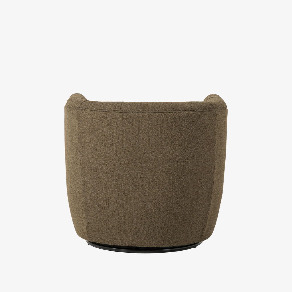 Barrel style 'Hanover' swivel chair upholstered in olive performance fabric by Four Hands furniture on a white background 
