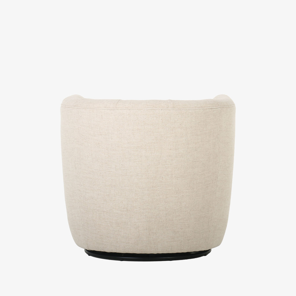 Back of Barrel style 'Hanover' swivel chair upholstered in cream fabric by Four Hands furniture on a white background 