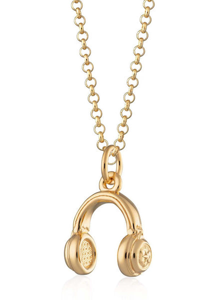 Scream pretty brand gold headphones necklace on a white background