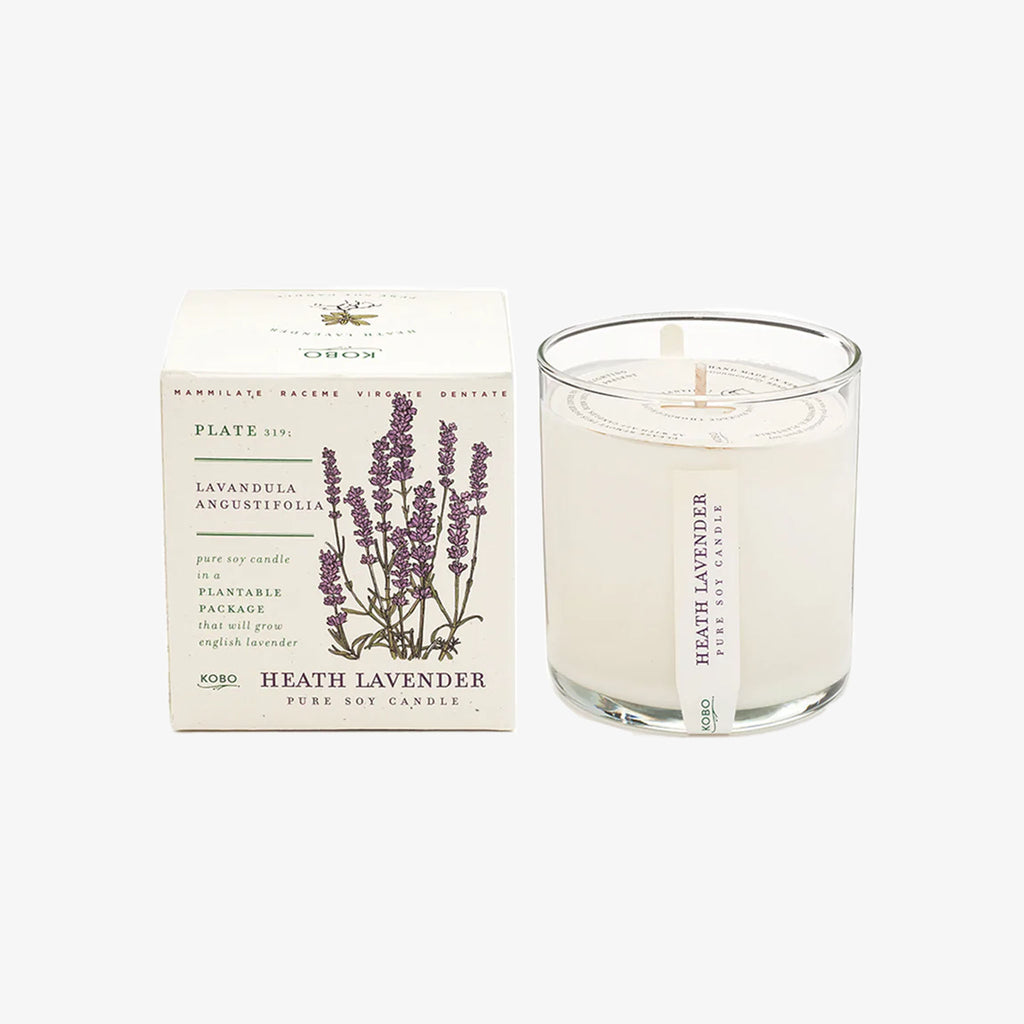 Kobo candle heath lavender candle and box on a white background
