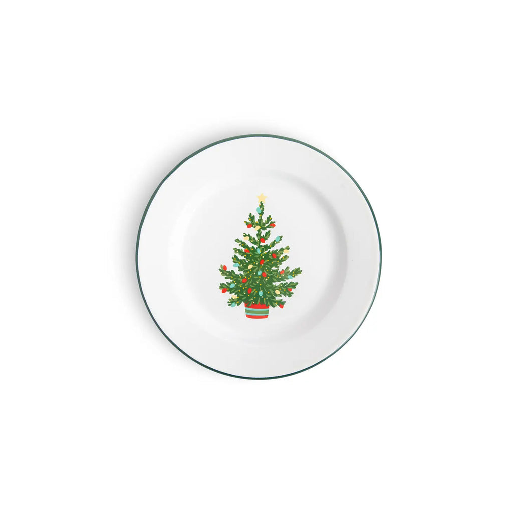 White Enamelware Salad Plate with Christmas Tree on a white background