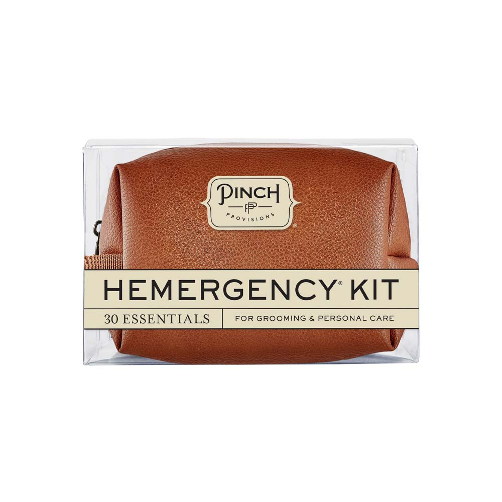 Pinch provisions brown vegan leather emergency kit for grooming and personal care on a white background