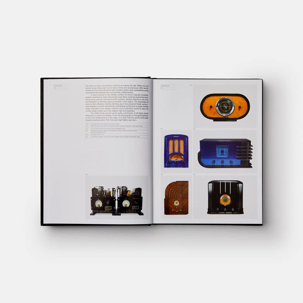Inside pages of book titled 'Hi-Fi' with old recording equipment photo on a white background