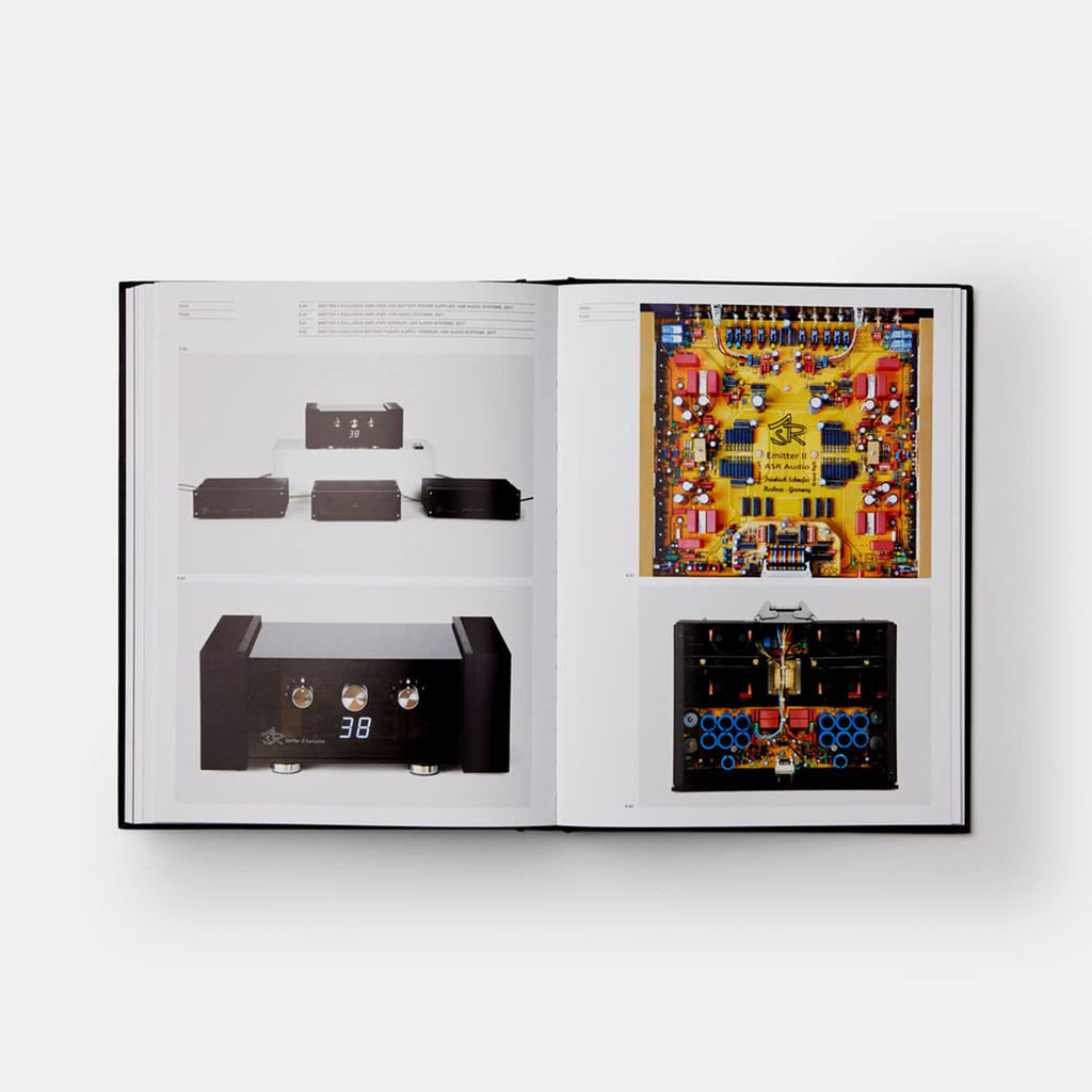 Inside pages of book titled 'Hi-Fi' with old recording equipment photo on a white background