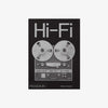 Black and grey Front cover of book titled 'Hi-Fi' with old recording equipment photo on a white background 