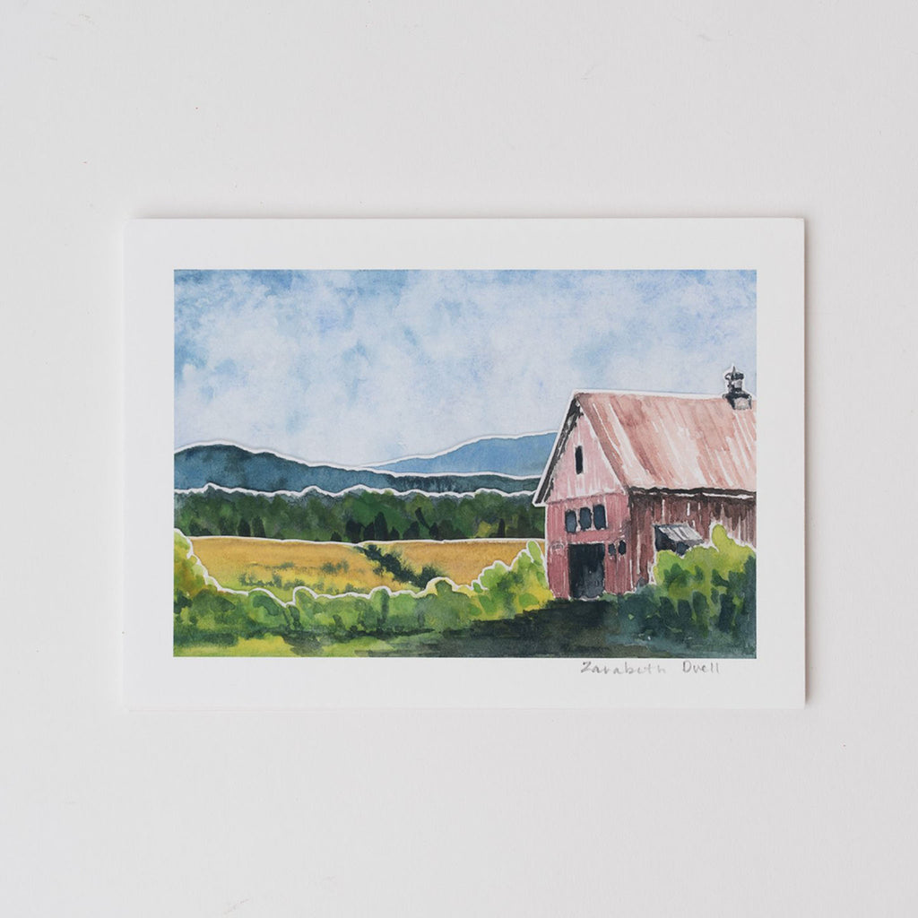 Watercolor artwork of Vermont mountains and red barn by Zarabeth Duell