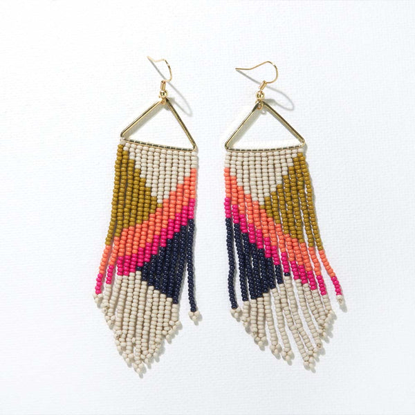 INK + ALLOY Hot Pink Citron Navy Half Circles On Ivory Triangle Earrings on a white background
