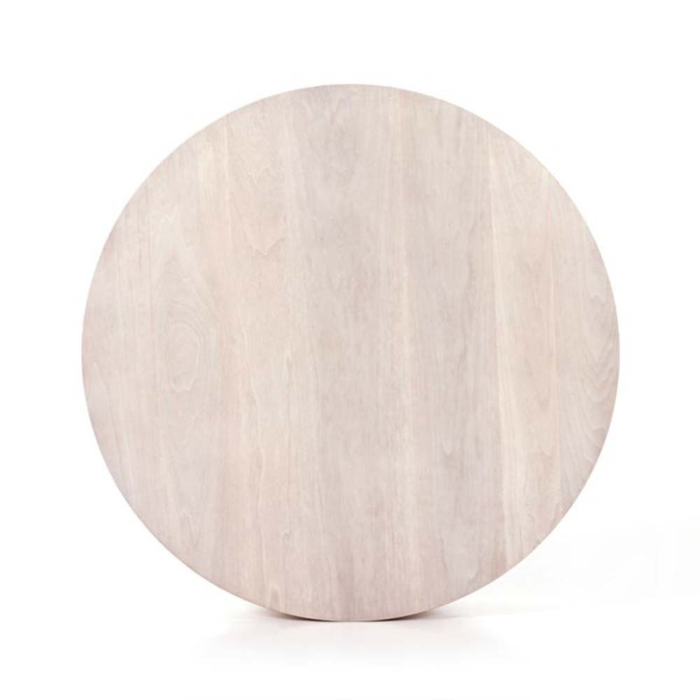 Hudson round coffee table by four hands in light wood Ashen walnut color with dark wood legs on a white background