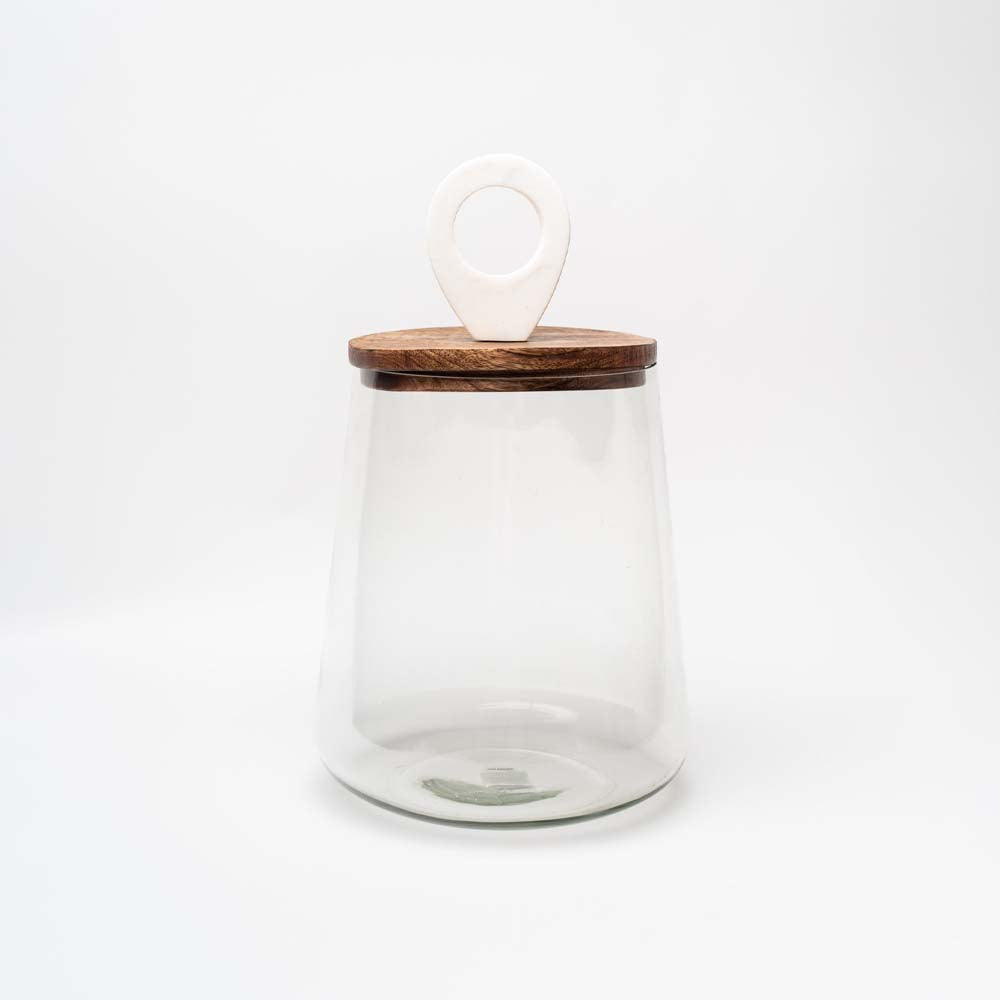 Medium Glass jar with mango wood & marble lid on a white background