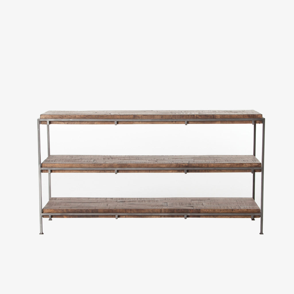 Three shelf 'Simien' console table with gunmetal iron frame by four hands furniture on a white background