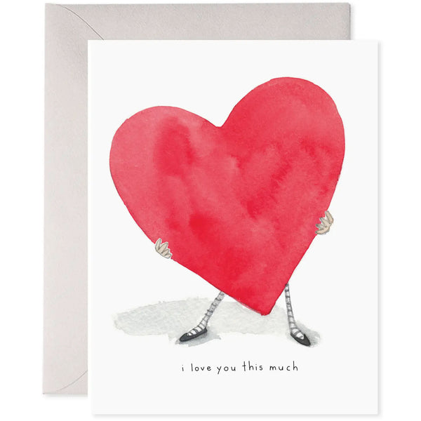 E Frances brand greeting card with big red heart and saying 'I love you this much'
