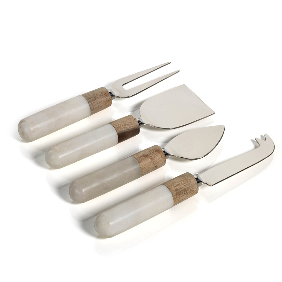 Marble and wood cheese board serving set of four on a white backgound