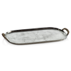 Burnished aluminum finish and cane wrapped handles tray on a white background.
