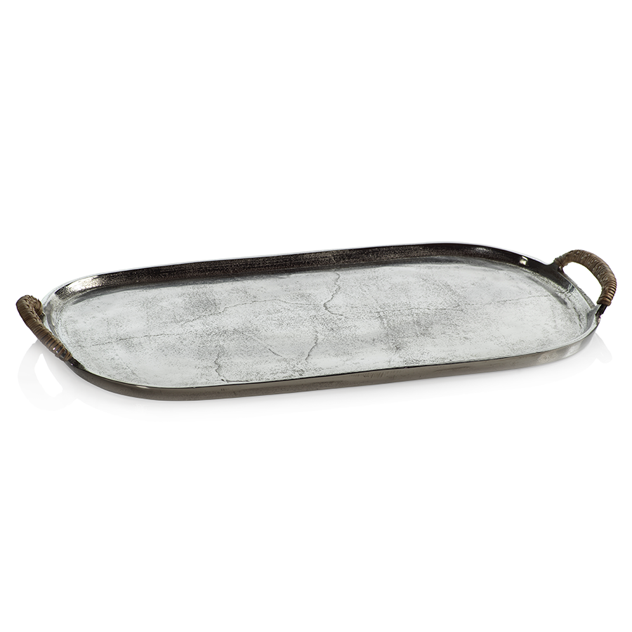 Burnished aluminum finish and cane wrapped handles tray on a white background.