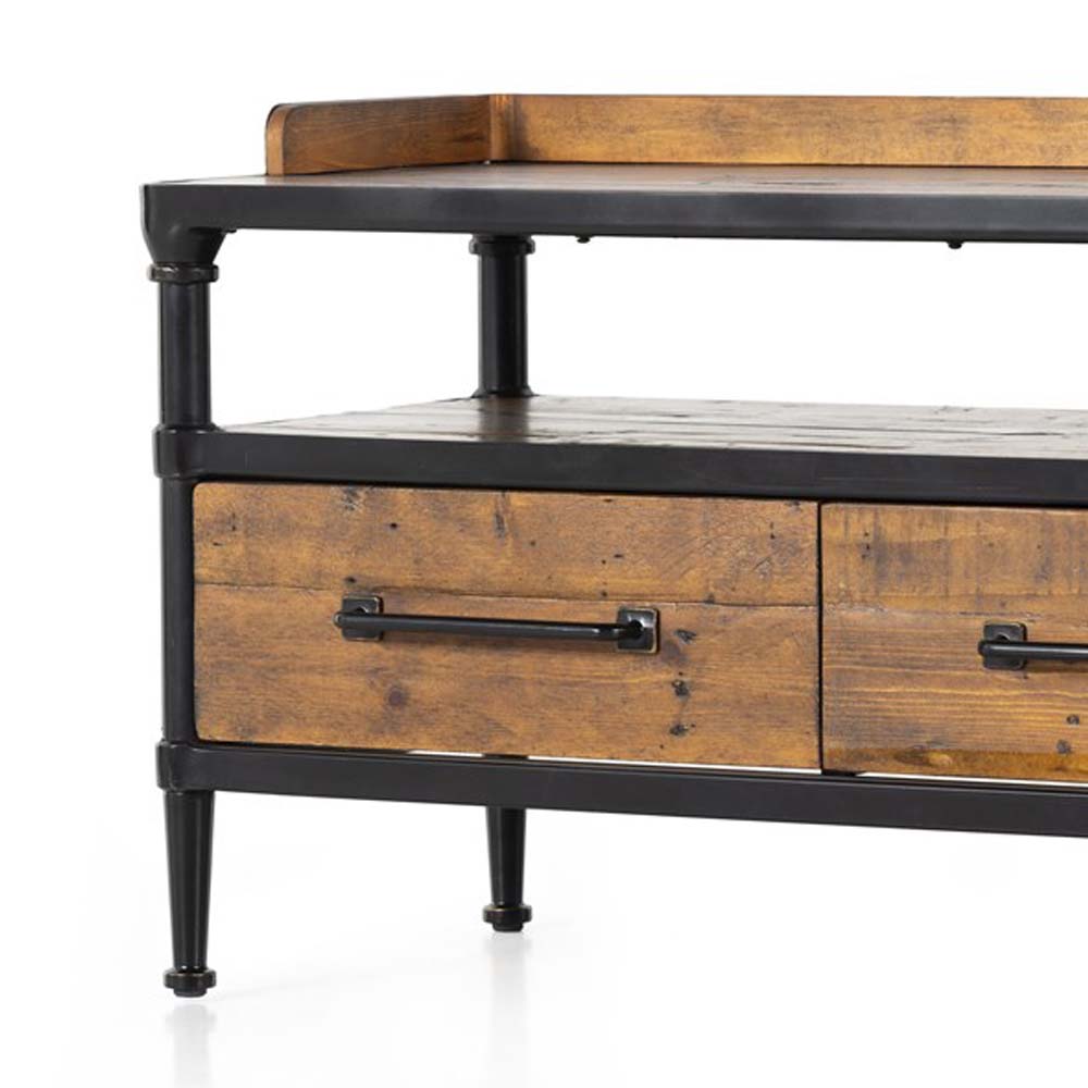 Four Hands Ivana Storage Entry Bench with wood and steel frame three drawers and bench seat on a white background