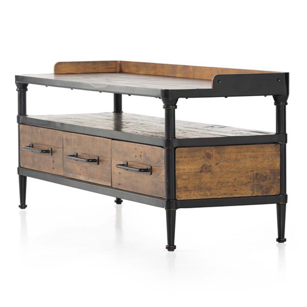 Four Hands Ivana Storage Entry Bench with wood and steel frame three drawers and bench seat on a white background