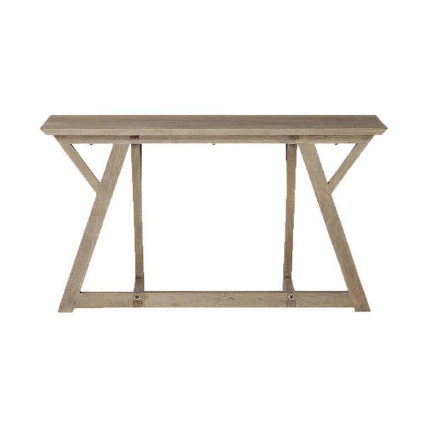 Mango wood geometric console table on a white background
