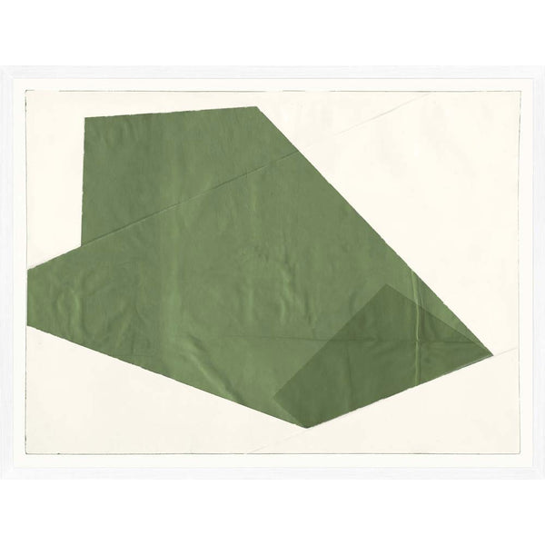 Mid century modern artwork. Glass framed paper shaped green Kale on a white background 