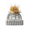 Shit that I knit brand kids beanie with embroidered Ski in heather with faux fur pompom on a white background